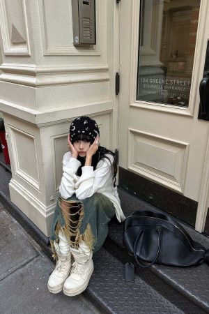 WARDEN EDGE Distressed Denim Skirt with Deconstructed Hem and Vintage Washed Edge