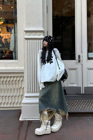 WARDEN EDGE Distressed Denim Skirt with Deconstructed Hem and Vintage Washed Edge