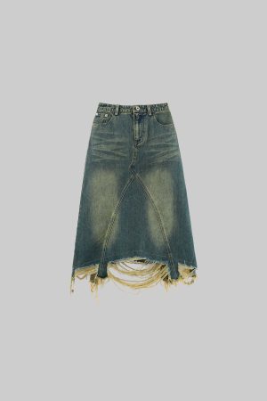 WARDEN EDGE Distressed Denim Skirt with Deconstructed Hem and Vintage Washed Edge