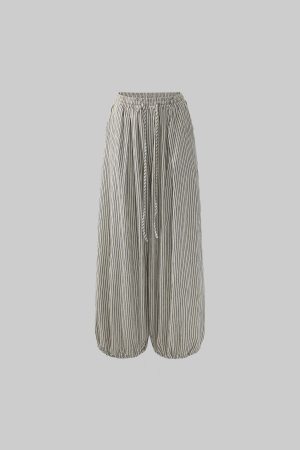 WARDEN EDGE Drawstring Wide Stripe Pants in Washed Linen