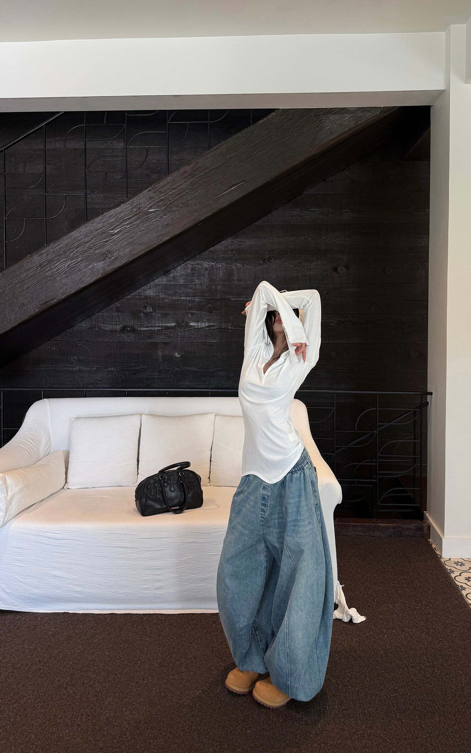 WARDEN EDGE Elastic Waist Wide Leg Denim Pants WARDEN EDGE Elastic Waist Wide Leg Denim Pants