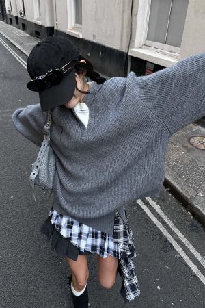 WARDEN EDGE Grey Knit Pullover & Asymmetrical Plaid Skirt Set