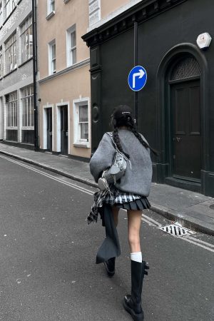 WARDEN EDGE Grey Knit Pullover & Asymmetrical Plaid Skirt Set