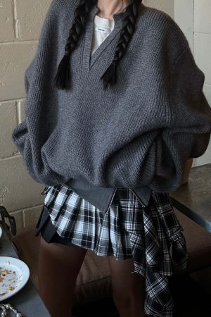 WARDEN EDGE Grey Knit Pullover & Asymmetrical Plaid Skirt Set
