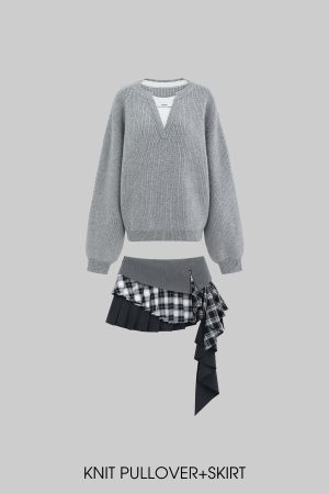 WARDEN EDGE Grey Knit Pullover & Asymmetrical Plaid Skirt Set