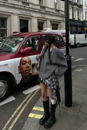 WARDEN EDGE Grey Knit Pullover & Asymmetrical Plaid Skirt Set