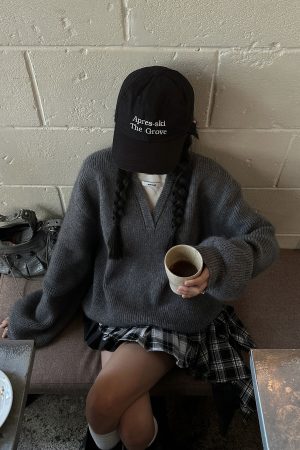 WARDEN EDGE Grey Knit Pullover & Asymmetrical Plaid Skirt Set