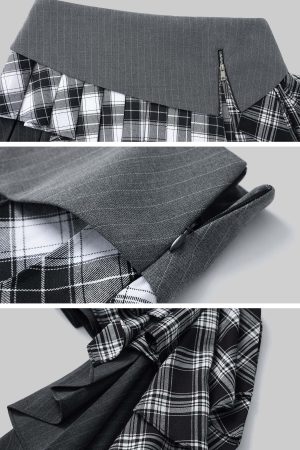 WARDEN EDGE Grey Knit Pullover & Asymmetrical Plaid Skirt Set