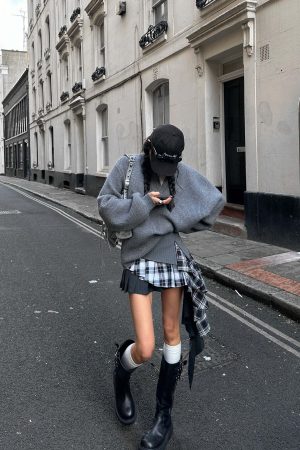 WARDEN EDGE Grey Knit Pullover & Asymmetrical Plaid Skirt Set