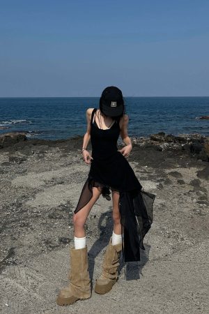 WARDEN EDGE Layered Mesh Hem Dress with Raw Draping