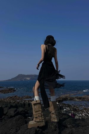 WARDEN EDGE Layered Mesh Hem Dress with Raw Draping