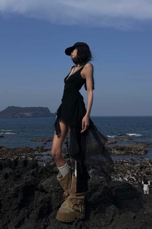 WARDEN EDGE Layered Mesh Hem Dress with Raw Draping