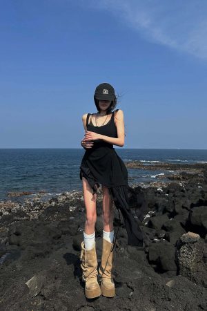 WARDEN EDGE Layered Mesh Hem Dress with Raw Draping