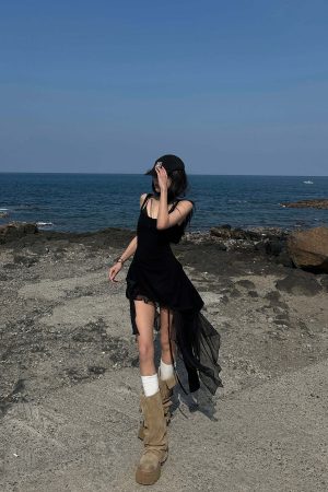 WARDEN EDGE Layered Mesh Hem Dress with Raw Draping