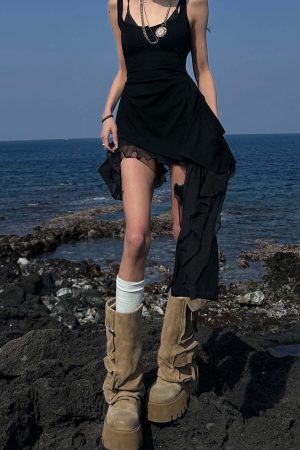 WARDEN EDGE Layered Mesh Hem Dress with Raw Draping