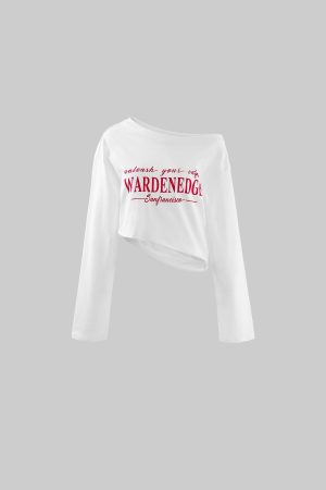 WARDEN EDGE Off-Shoulder Cropped Long Sleeve Tee with Asymmetric Hem