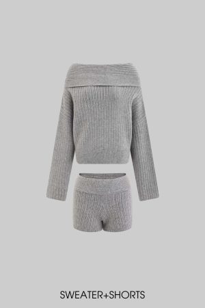 WARDEN EDGE Off-Shoulder Knit Sweater and Shorts Set