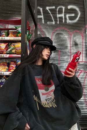 WARDEN EDGE Oversized Graphic Sweatshirt with Vintage Campbell Print and Strap Hem Detail