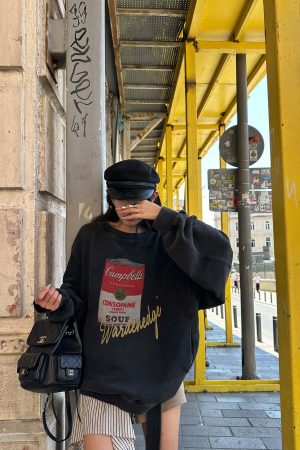 WARDEN EDGE Oversized Graphic Sweatshirt with Vintage Campbell Print and Strap Hem Detail