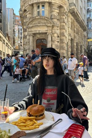 WARDEN EDGE Oversized Graphic Sweatshirt with Vintage Campbell Print and Strap Hem Detail