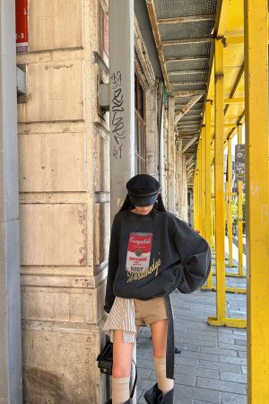 WARDEN EDGE Oversized Graphic Sweatshirt with Vintage Campbell Print and Strap Hem Detail