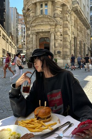 WARDEN EDGE Oversized Graphic Sweatshirt with Vintage Campbell Print and Strap Hem Detail