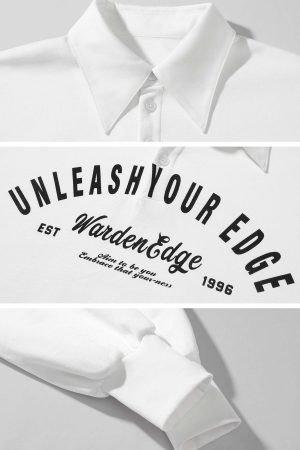 WARDEN EDGE Oversized Polo Sweatshirt with Bold Graphic Print and Streetwear Edge