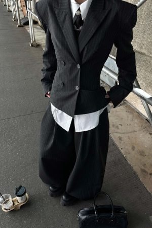 WARDEN EDGE Pinstripe Suit Set with Blazer Shirt and Wide Trousers