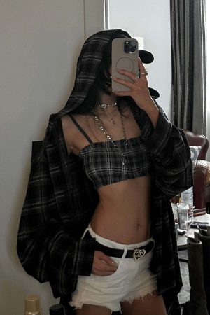 WARDEN EDGE Plaid Hooded Shirt Jacket with Matching Plaid Tube Top Set