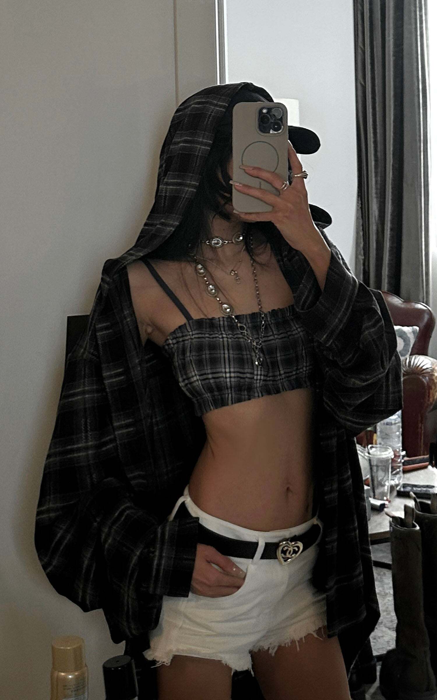 WARDEN EDGE Plaid Hooded Shirt Jacket with Matching Plaid Tube Top Set WARDEN EDGE Plaid Hooded Shirt Jacket with Matching Plaid Tube Top Set