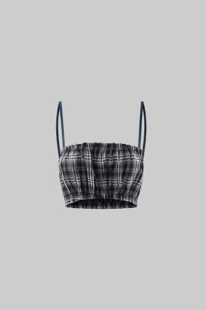 WARDEN EDGE Plaid Strapless Crop Top with Ruched Elastic Detail
