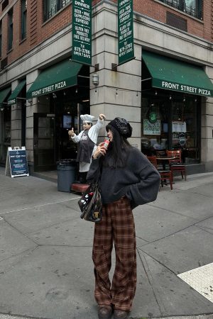 WARDEN EDGE Plaid Wide Leg Pants Retro Brown Check Casual Trousers