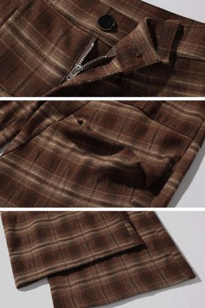 WARDEN EDGE Plaid Wide Leg Pants Retro Brown Check Casual Trousers