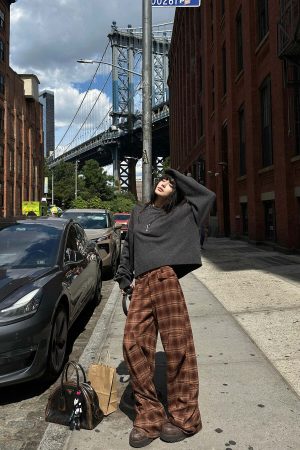 WARDEN EDGE Plaid Wide Leg Pants Retro Brown Check Casual Trousers