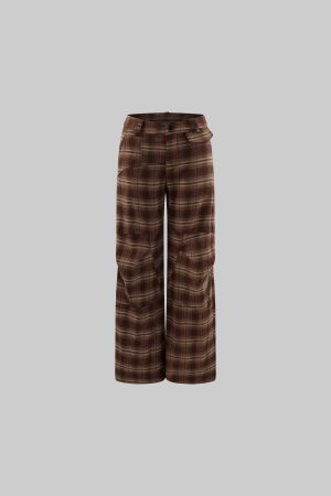 WARDEN EDGE Plaid Wide Leg Pants Retro Brown Check Casual Trousers