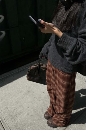 WARDEN EDGE Plaid Wide Leg Pants Retro Brown Check Casual Trousers