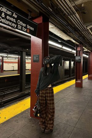 WARDEN EDGE Plaid Wide Leg Pants Retro Brown Check Casual Trousers