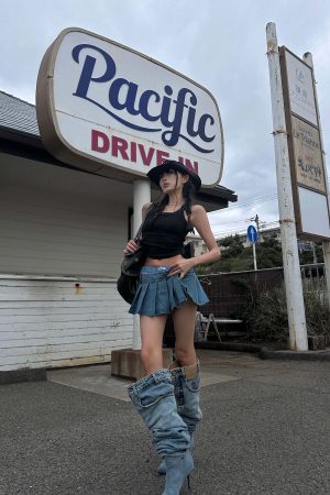 WARDEN EDGE Pleated Denim Micro Skirt with Contrast Waistband