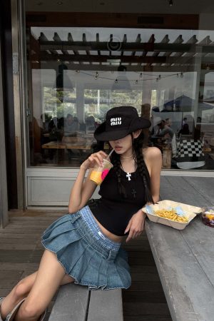 WARDEN EDGE Pleated Denim Micro Skirt with Contrast Waistband