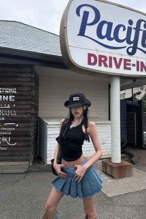 WARDEN EDGE Pleated Denim Micro Skirt with Contrast Waistband