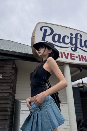 WARDEN EDGE Pleated Denim Micro Skirt with Contrast Waistband