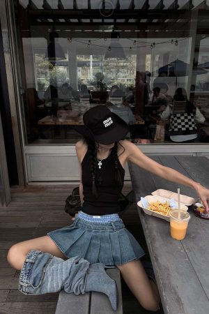 WARDEN EDGE Pleated Denim Micro Skirt with Contrast Waistband