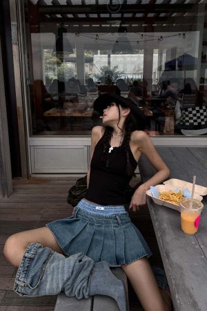 WARDEN EDGE Pleated Denim Micro Skirt with Contrast Waistband