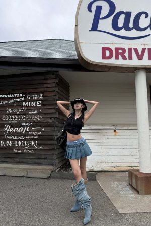 WARDEN EDGE Pleated Denim Micro Skirt with Contrast Waistband