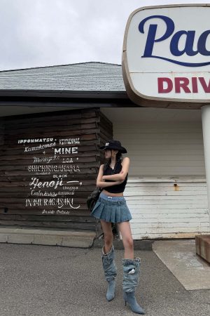 WARDEN EDGE Pleated Denim Micro Skirt with Contrast Waistband