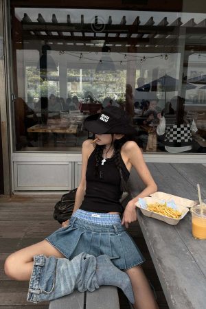 WARDEN EDGE Pleated Denim Micro Skirt with Contrast Waistband