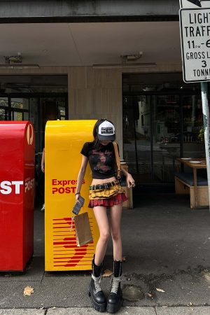 WARDEN EDGE Punk Clash Layered Mini Skirt in Yellow & Red Plaid