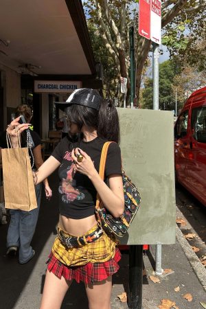 WARDEN EDGE Punk Clash Layered Mini Skirt in Yellow & Red Plaid