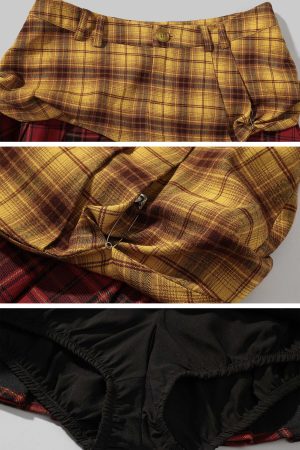 WARDEN EDGE Punk Clash Layered Mini Skirt in Yellow & Red Plaid