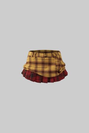 WARDEN EDGE Punk Clash Layered Mini Skirt in Yellow & Red Plaid